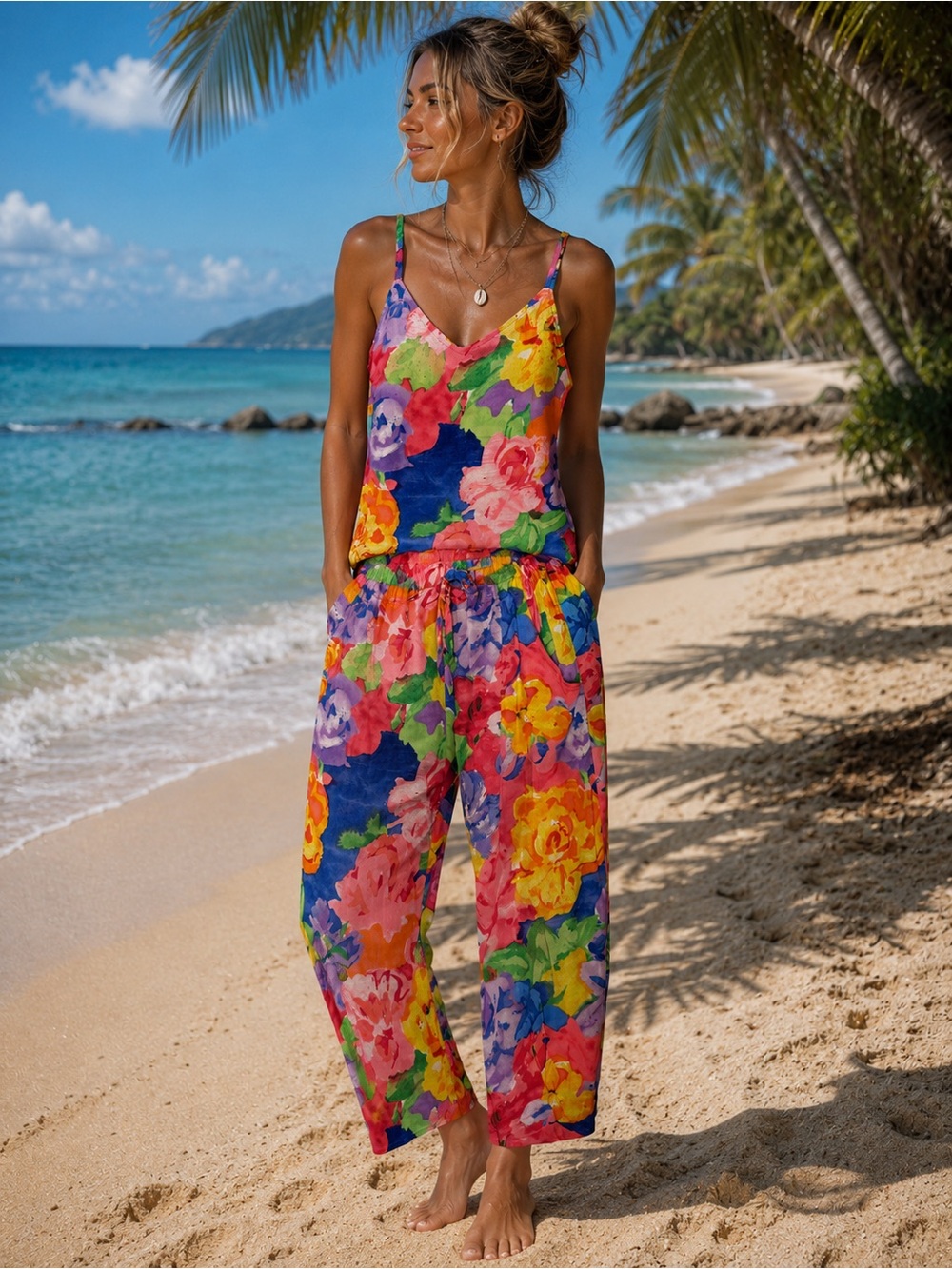 Rare JAMS WORLD Hawaii Floral 2-Piece Set Top & Cropped pants 100% rayon -size M
